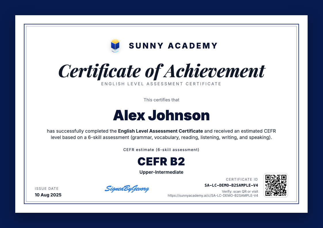 Sample Sunny Academy certificate showing CEFR level B2